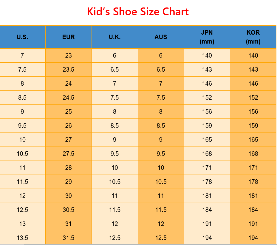 Printable Kid's Shoe Size Conversion Chart for US EUR UK AUS JP KOR uk shoe size chart