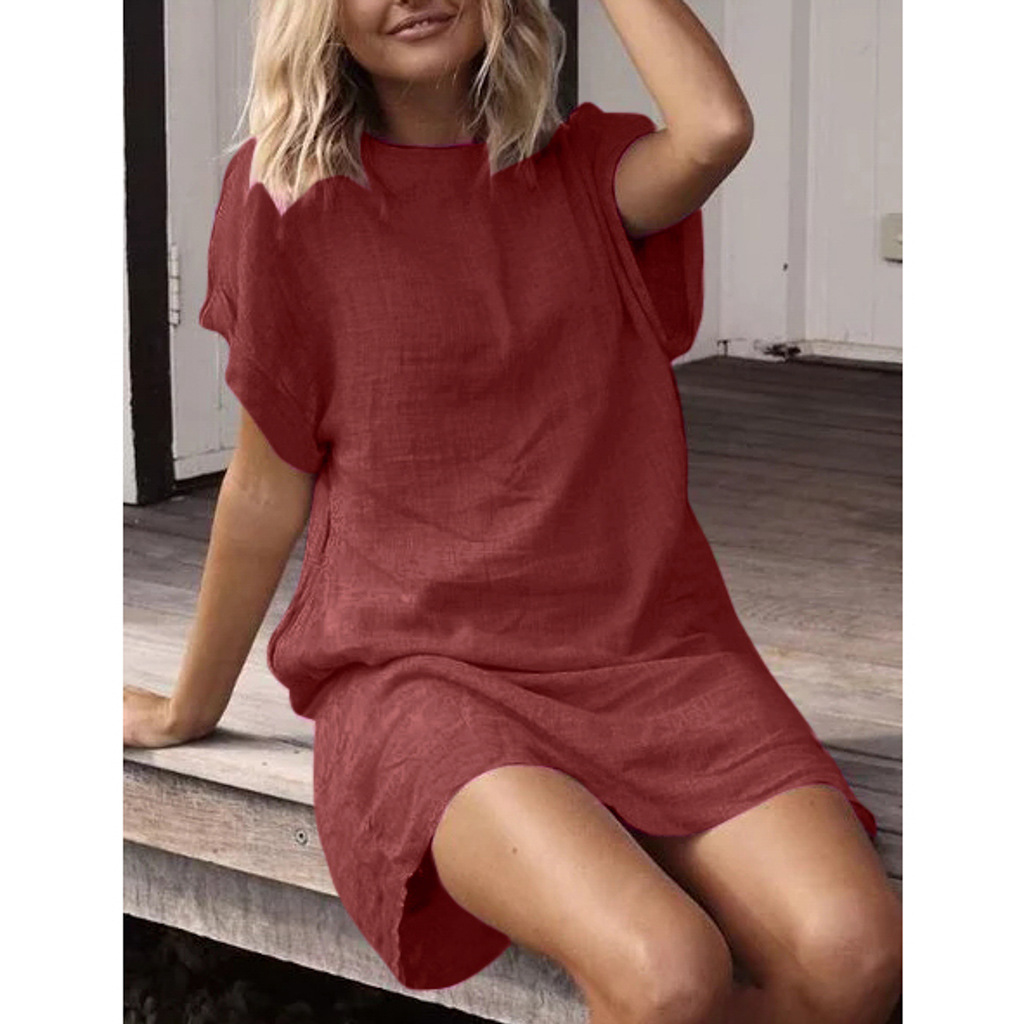 Title 7, Casual solid color cotton and linen short sleev...