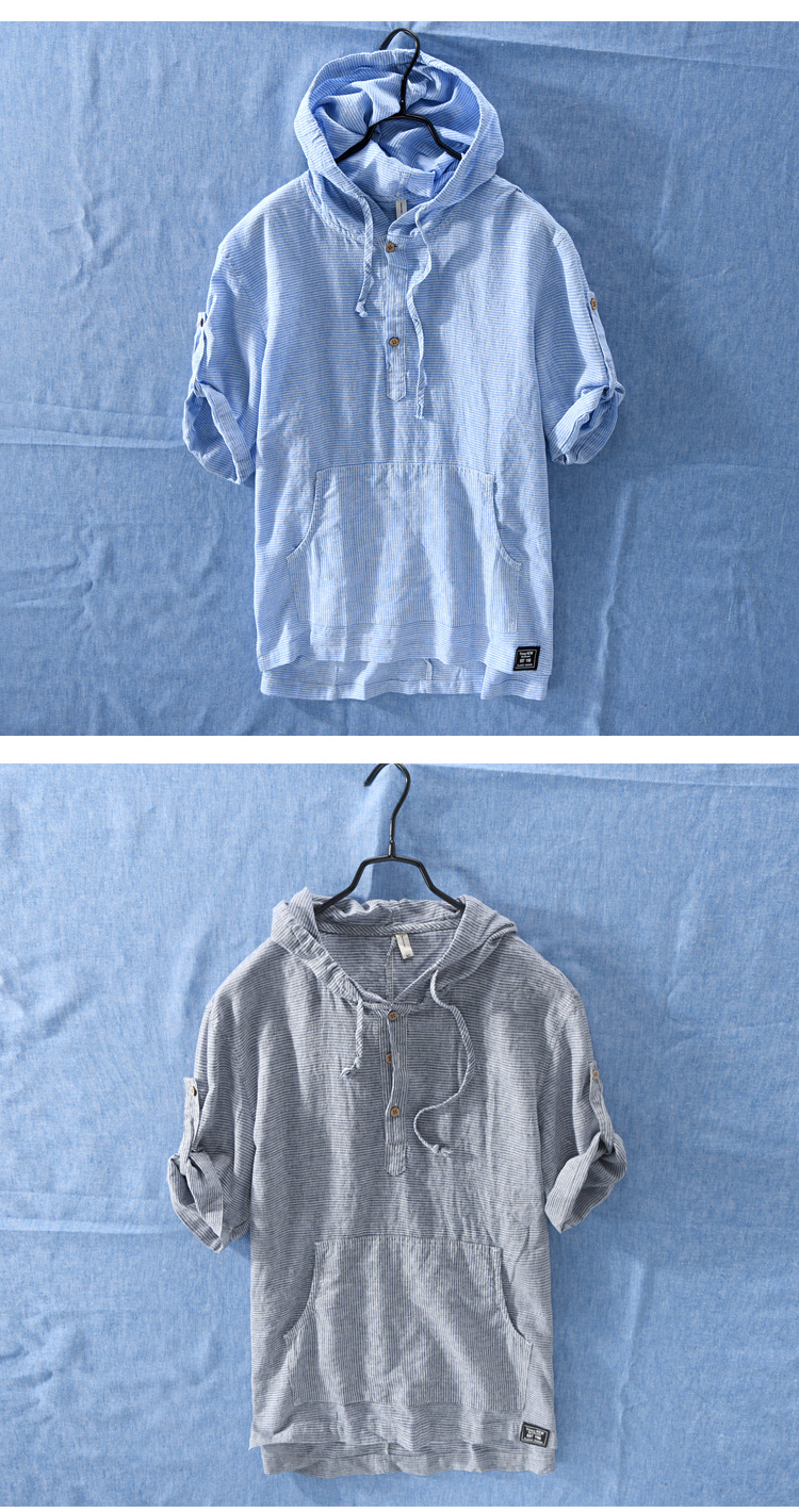 Title 2, Summer Striped Mens Hooded Cotton and Linen T-...