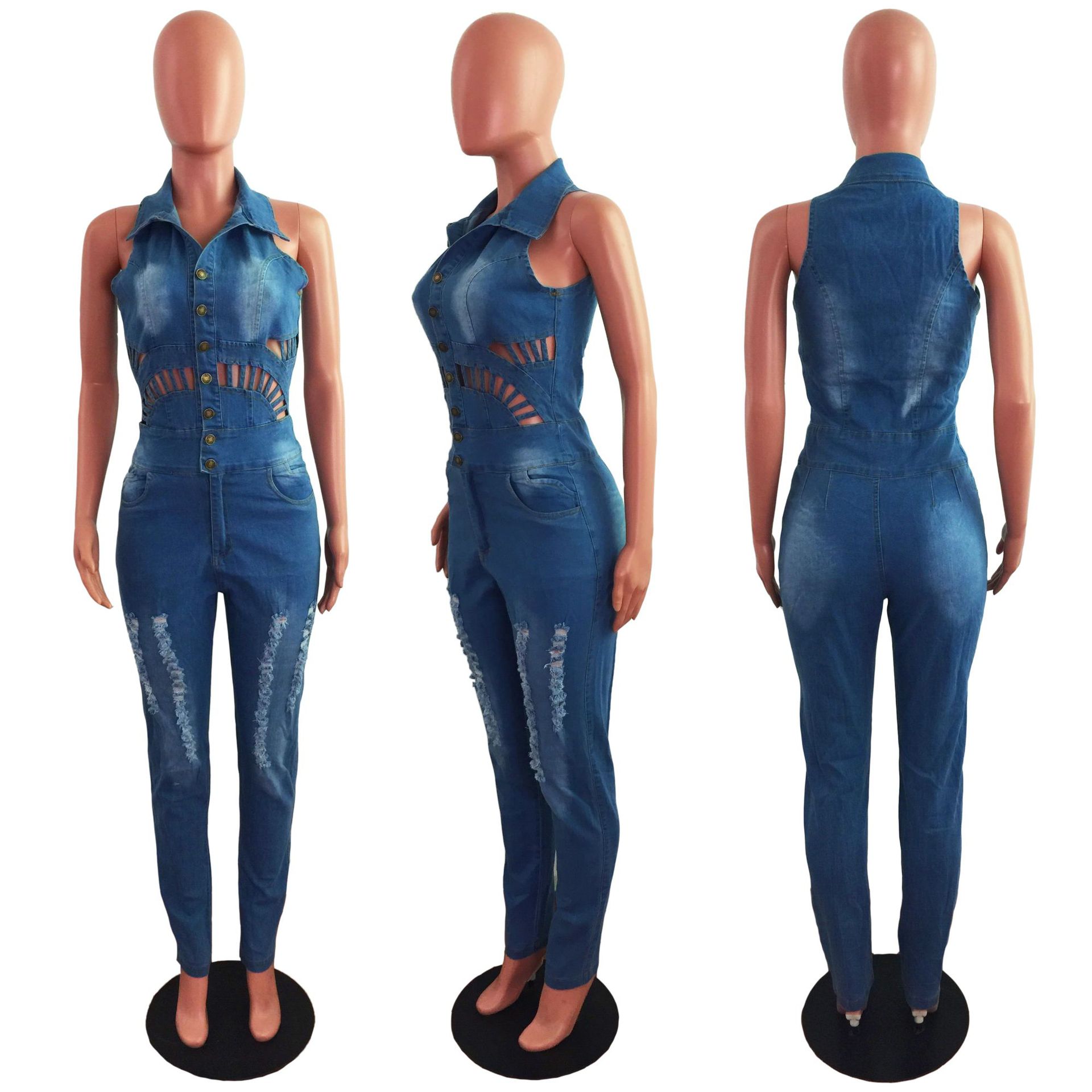 Title 9, Denim Slim Slimming Jumpsuit met Gaten en Uitsn...