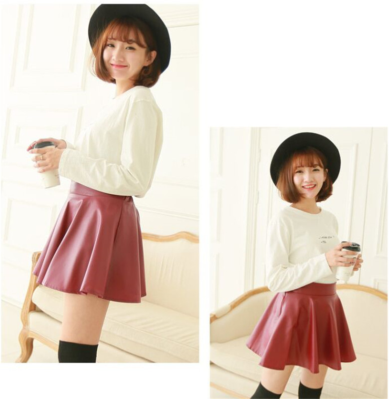 Title 5, High waist faux lederen rok, geplooide zonne ro...