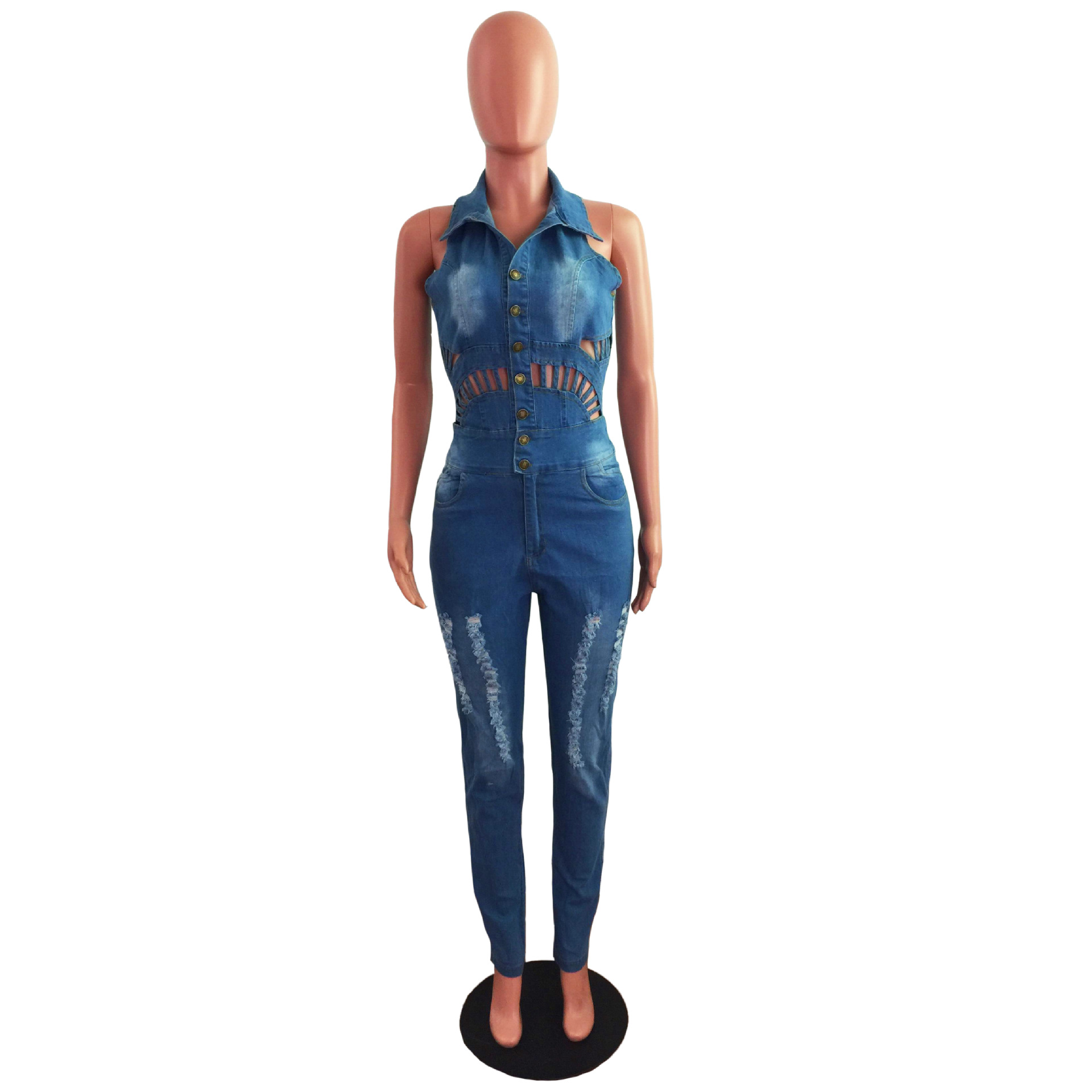 Title 10, Combinaison Denim Slim Slimming avec Trous et C...