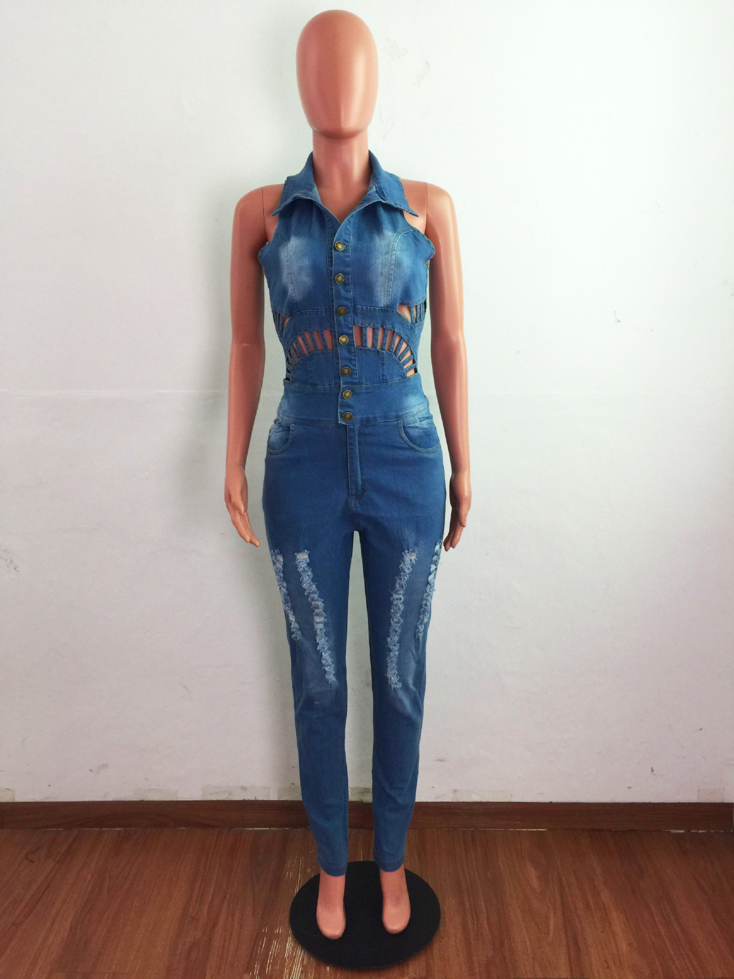 Title 13, Denim Slim Slimming Jumpsuit met Gaten en Uitsn...