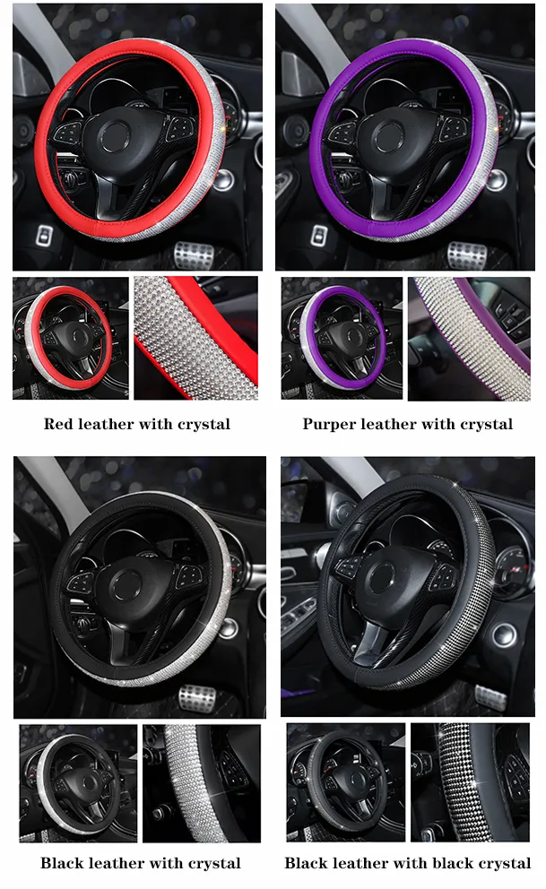 Bling Bling Crystal Rhinestones Universal Fit 15 Inch Anti-Slip Wheel New Diamond Leather Car Steering Wheel Cover