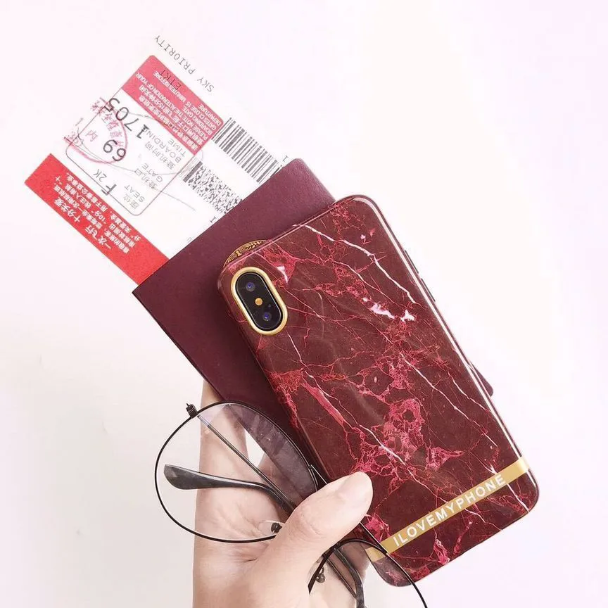 Tendance Rétro Vintage Rouge étui en marbre pour iPhone 8, étui en marbre pour iPhone X couverture