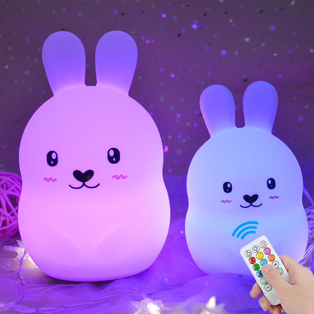 Cartoon Rabbit LED Night Light Touch Sensor 9 Colors Remote Control Timing USB Charging Silicone Bunny Bedside Lamp for Children