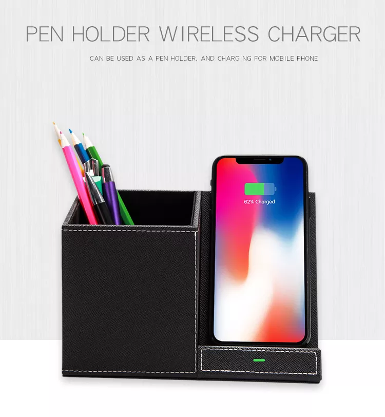 2019 nouveau chargeur sans fil PU avec porte-stylos, support de chargeur sans fil OEM en tissu PU Qi 10W