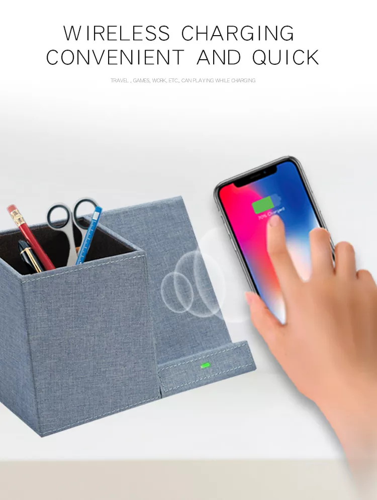 2019 New Design PU Wireless Charger with Pen Holders, 10W Qi PU Fabric OEM Wireless Charger Stand