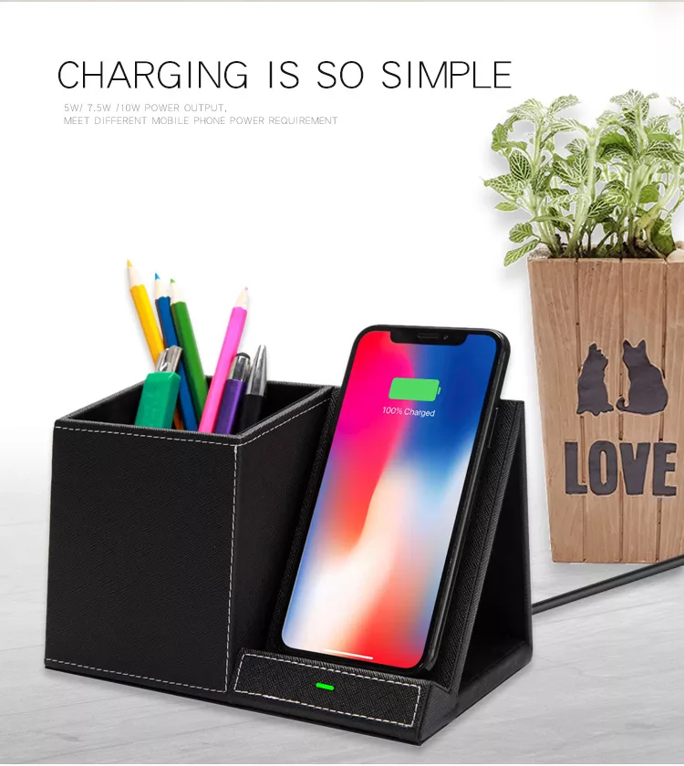 2019 nouveau chargeur sans fil PU avec porte-stylos, support de chargeur sans fil OEM en tissu PU Qi 10W