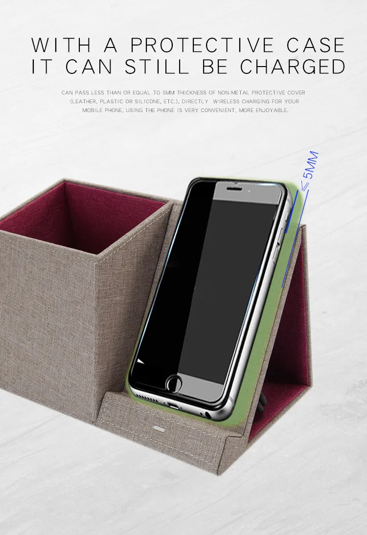 2019 New Design PU Wireless Charger with Pen Holders, 10W Qi PU Fabric OEM Wireless Charger Stand