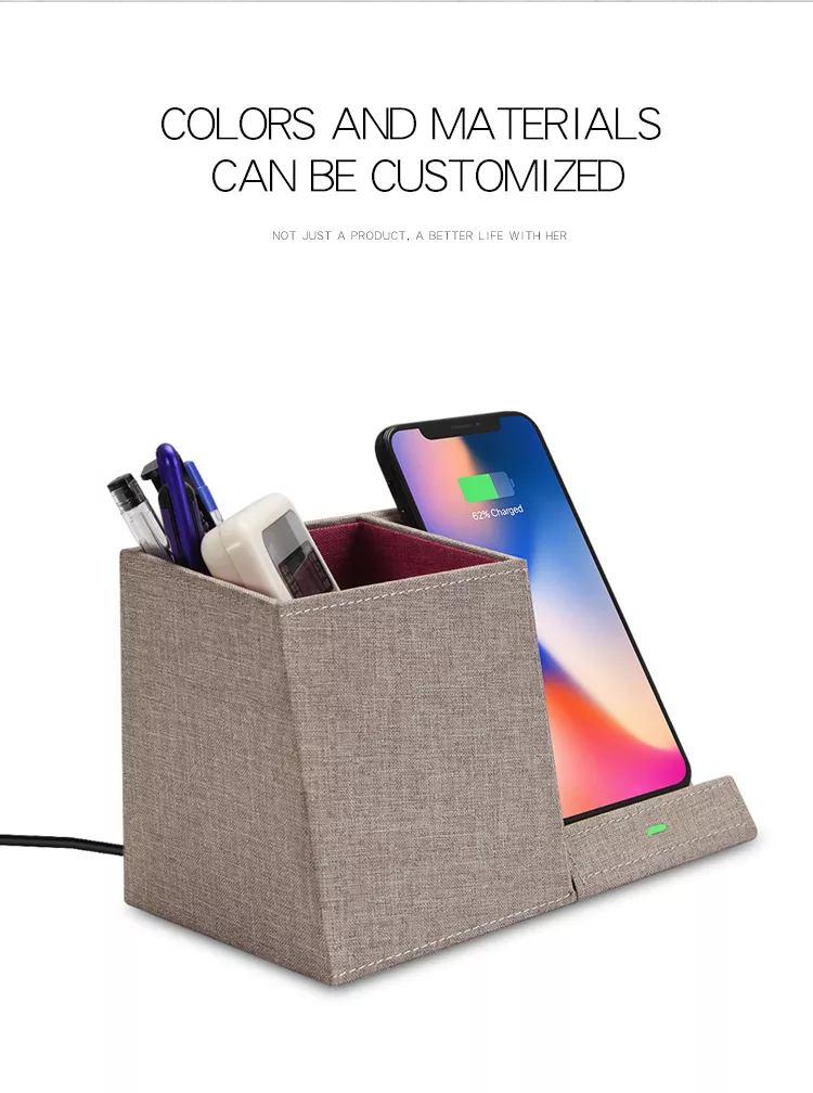 2019 New Design PU Wireless Charger with Pen Holders, 10W Qi PU Fabric OEM Wireless Charger Stand