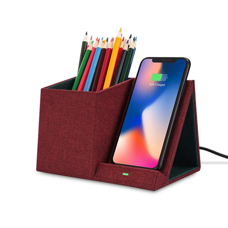 2019 New Design PU Wireless Charger with Pen Holders, 10W Qi PU Fabric OEM Wireless Charger Stand