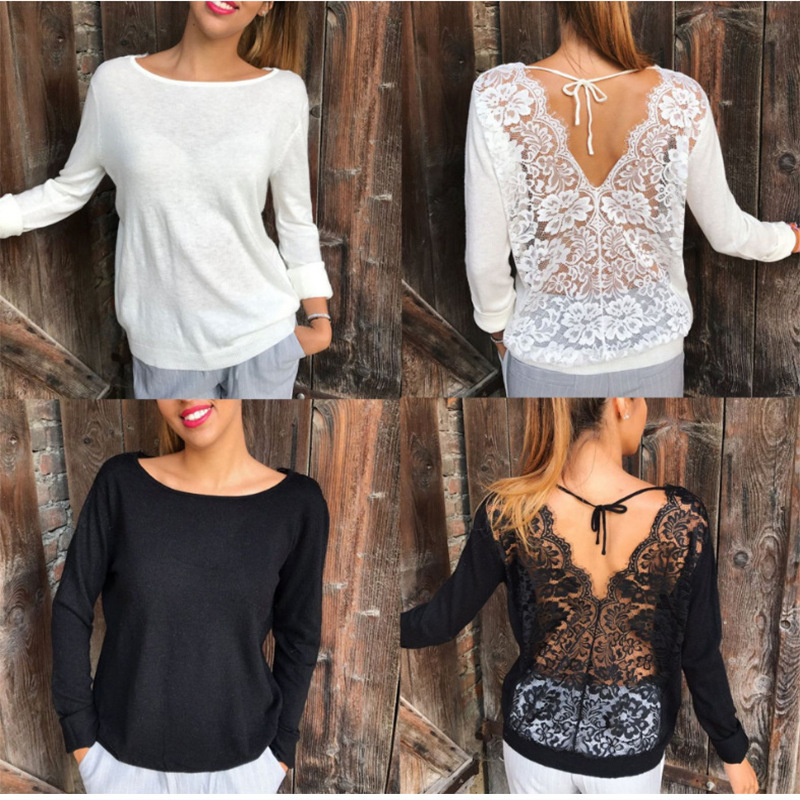 Title 2, Sexy Lace Stitching Open Back Mesh T-Shirt Women