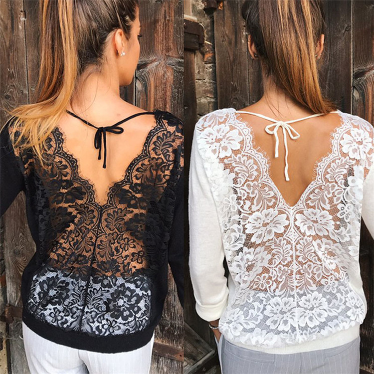 Title 3, Sexy Lace Stitching Open Back Mesh T-Shirt Women