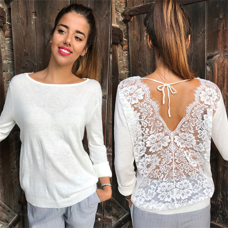 Title 4, Sexy Lace Stitching Open Back Mesh T-Shirt Women