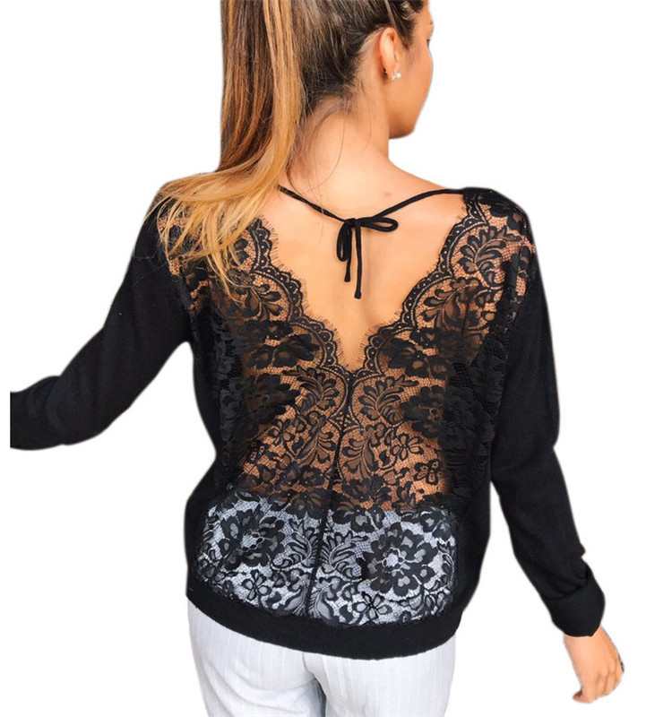 Title 8, Sexy Lace Stitching Open Back Mesh T-Shirt Women