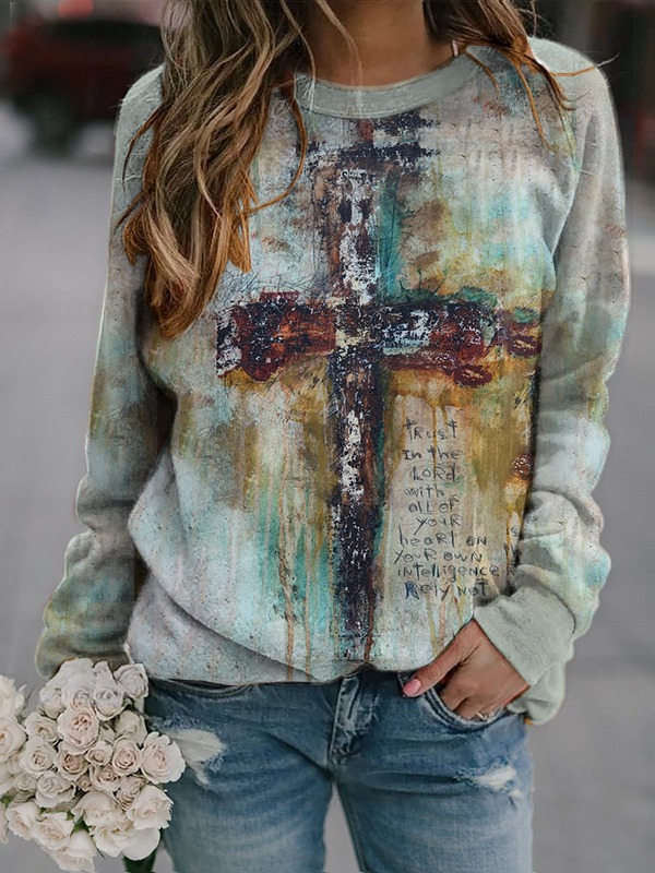 Title 1, New Cross Print Long-sleeved Round Neck Casual ...