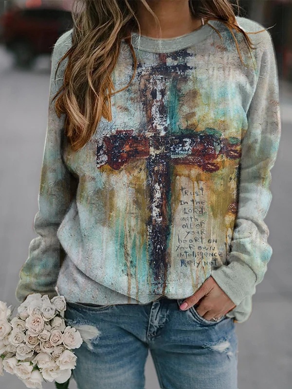 Title 7, New Cross Print Long-sleeved Round Neck Casual ...