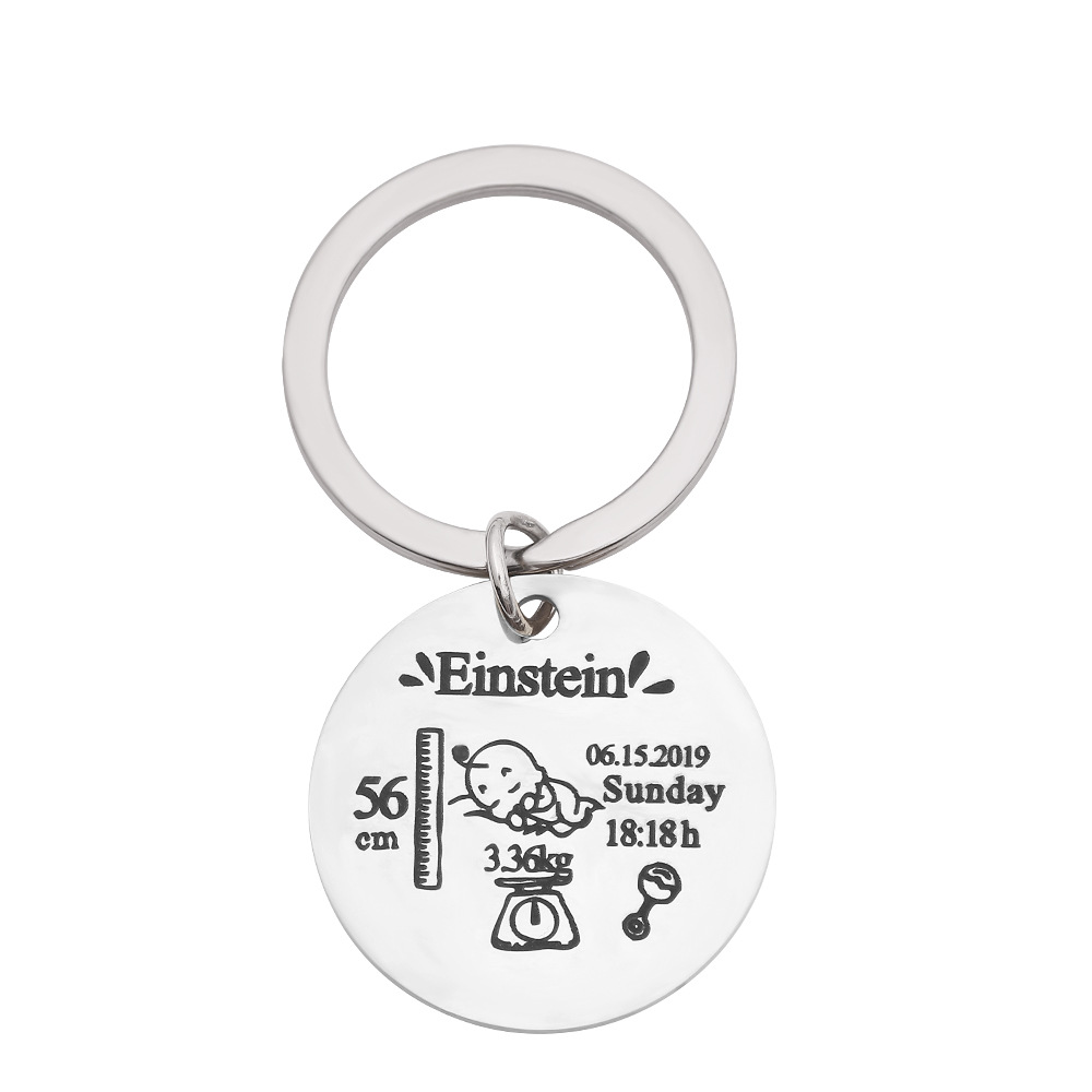 Title 4, Stainless steel round key baby birth keychain