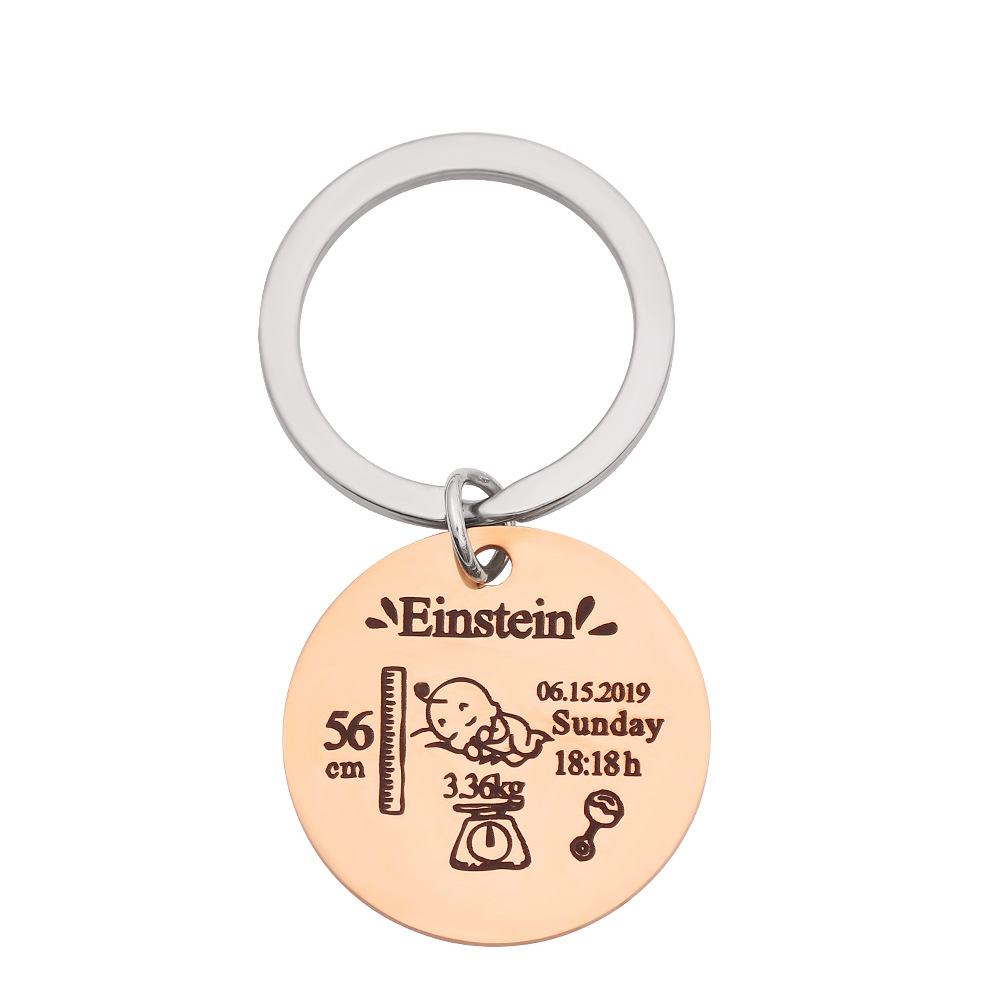 Title 5, Stainless steel round key baby birth keychain