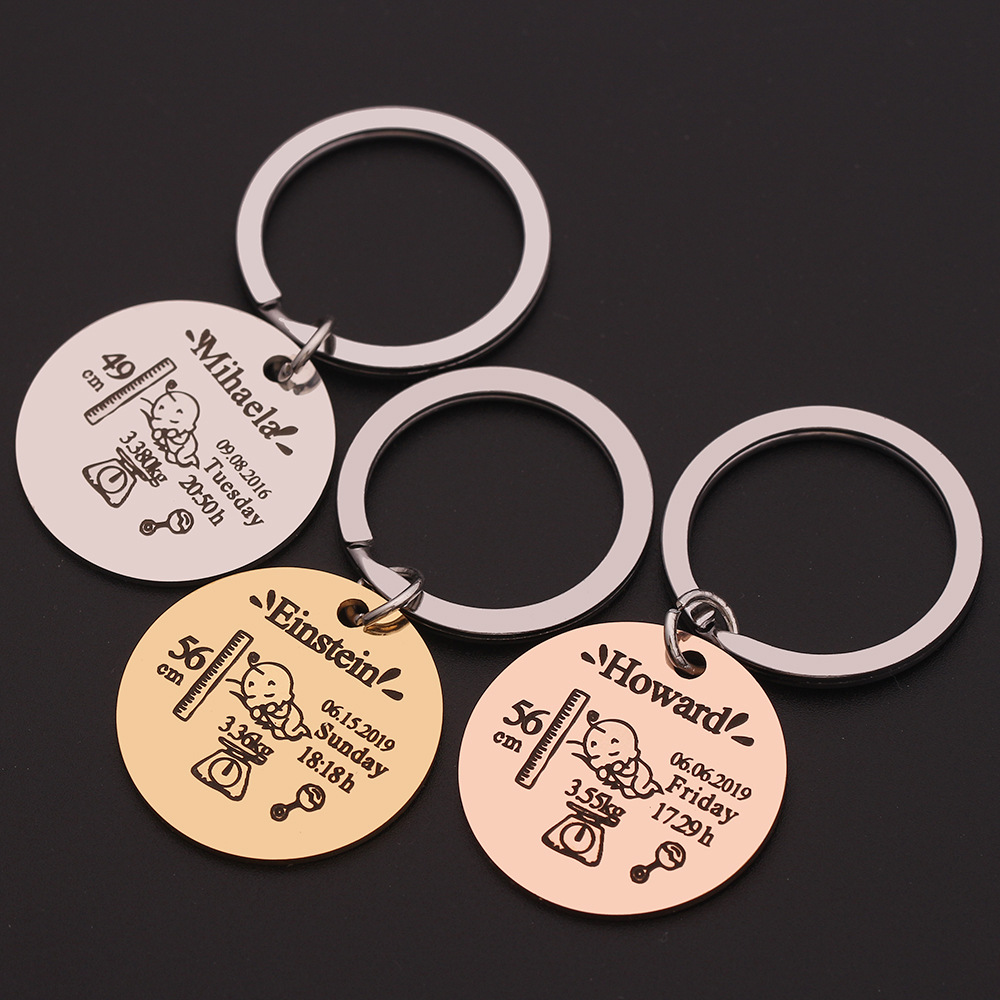 Title 8, Stainless steel round key baby birth keychain