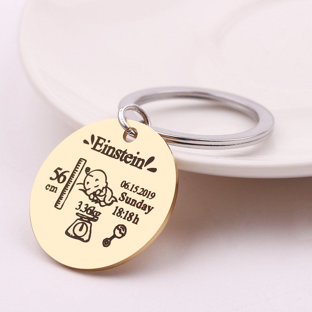 Title 9, Stainless steel round key baby birth keychain