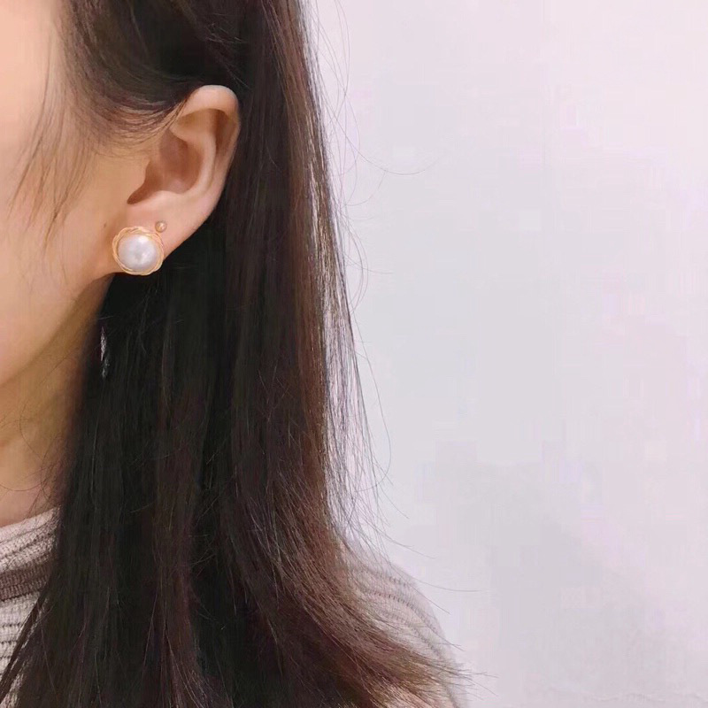 韩版创意14k注金手工绕线8-9mm淡水珍珠耳钉