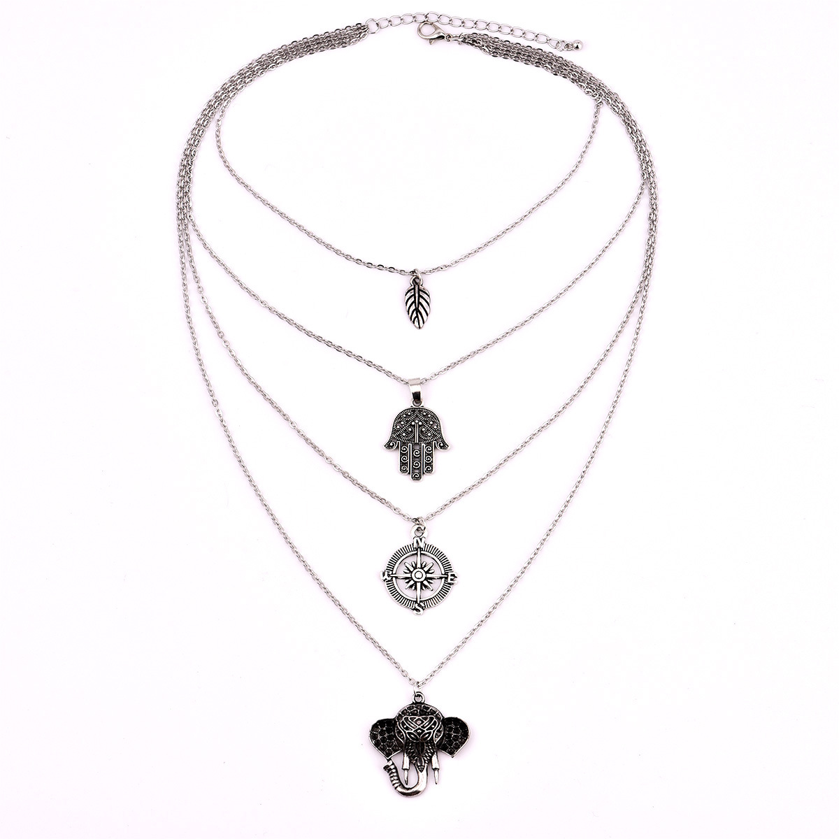 Title 3, Leaf palm compass elephant multi-layer necklace