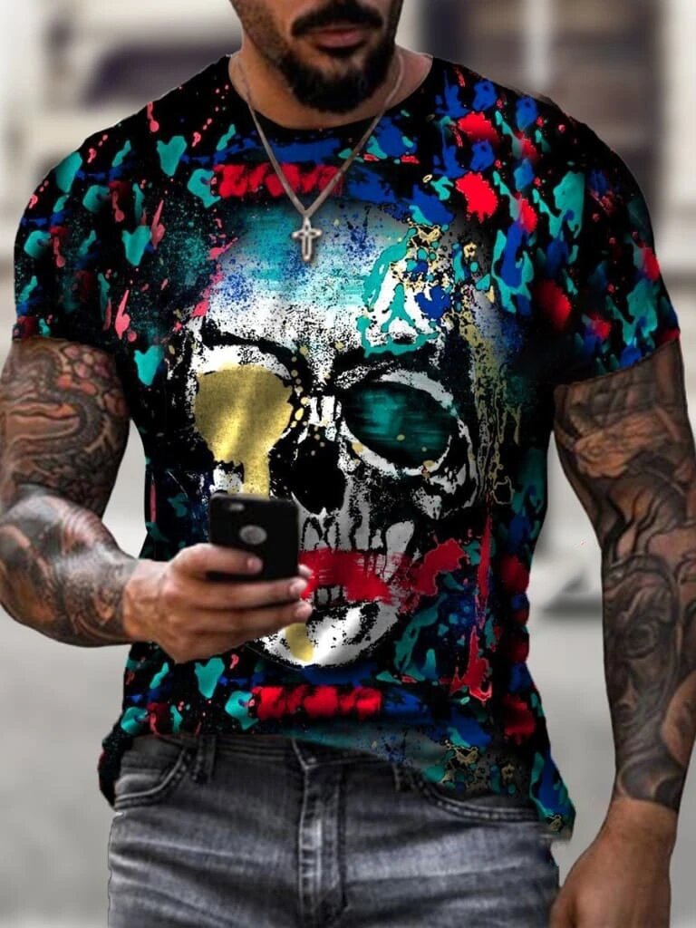 Title 3, MenS Street Casual Skull Print Short-Sleeved T...