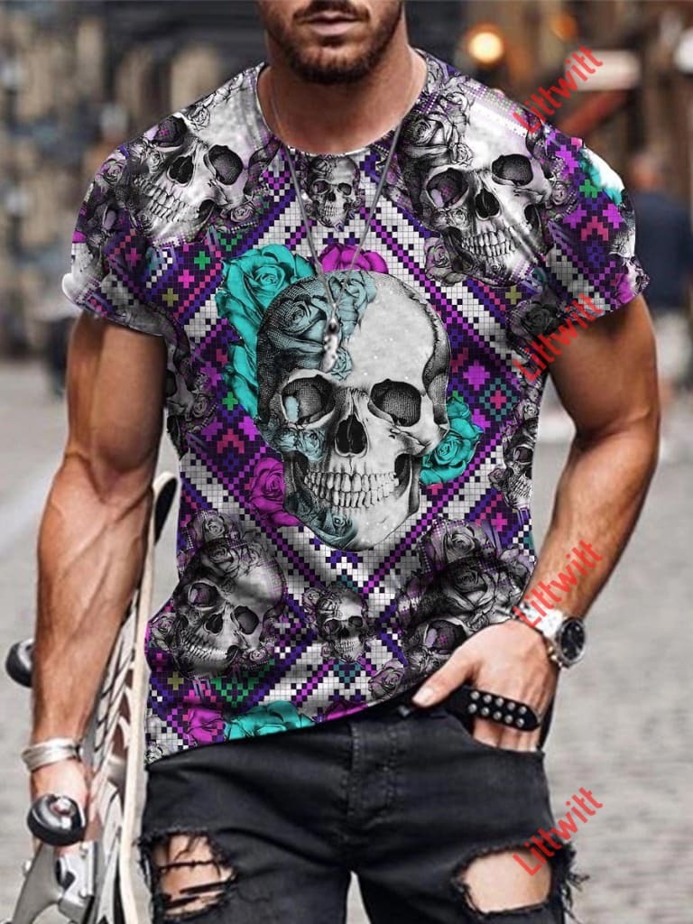 Title 8, MenS Street Casual Skull Print Short-Sleeved T...