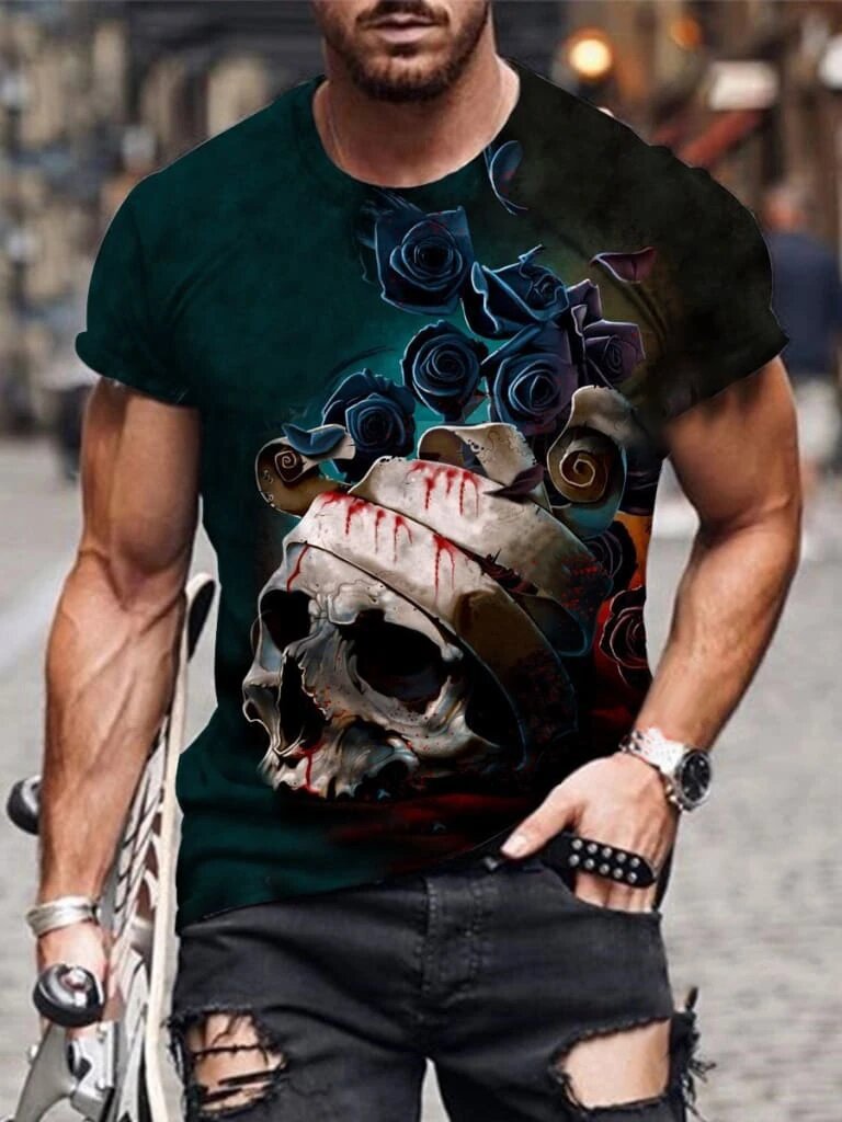 Title 9, MenS Street Casual Skull Print Short-Sleeved T...