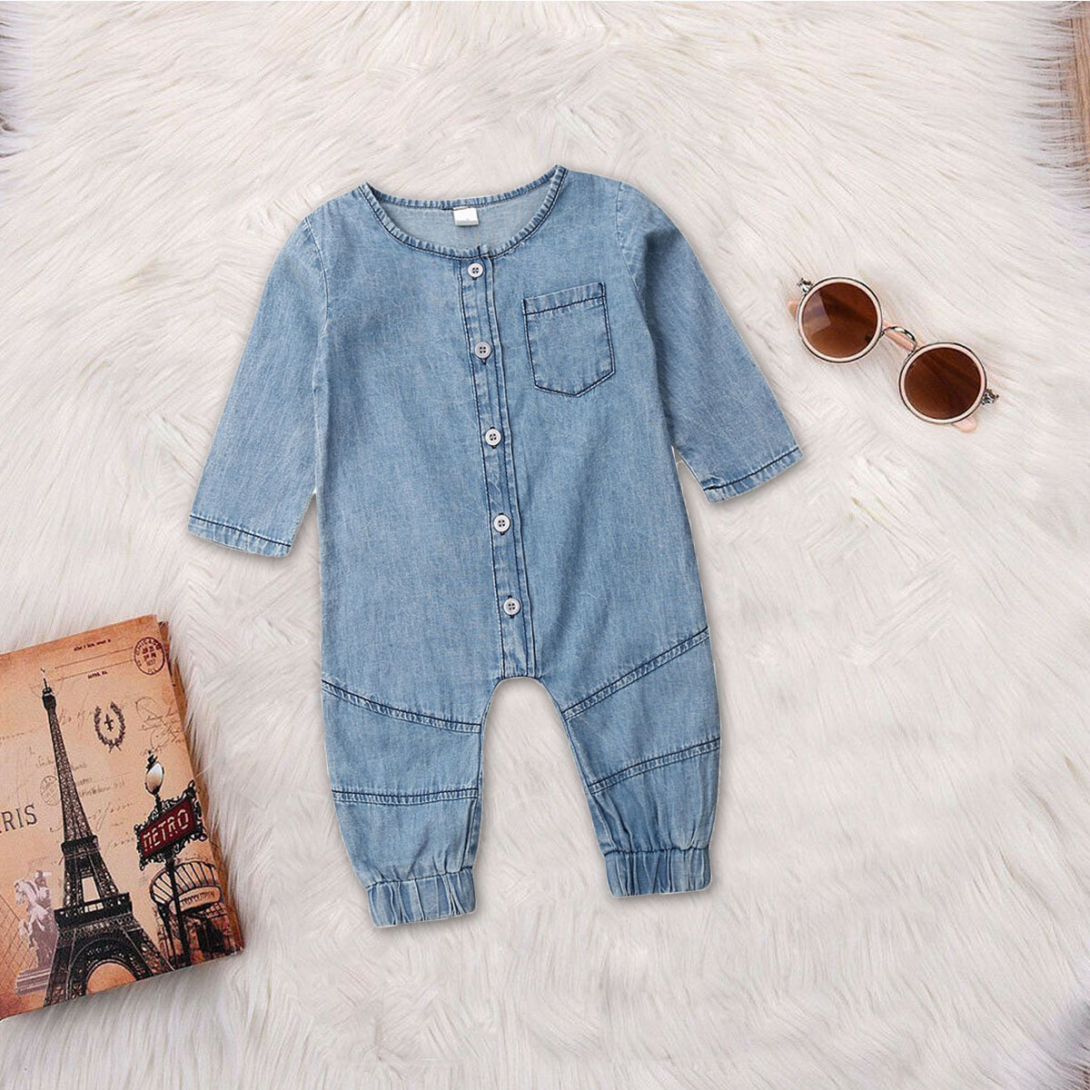 Title 2, Denim Solid Color Stitching Long-sleeved Round ...