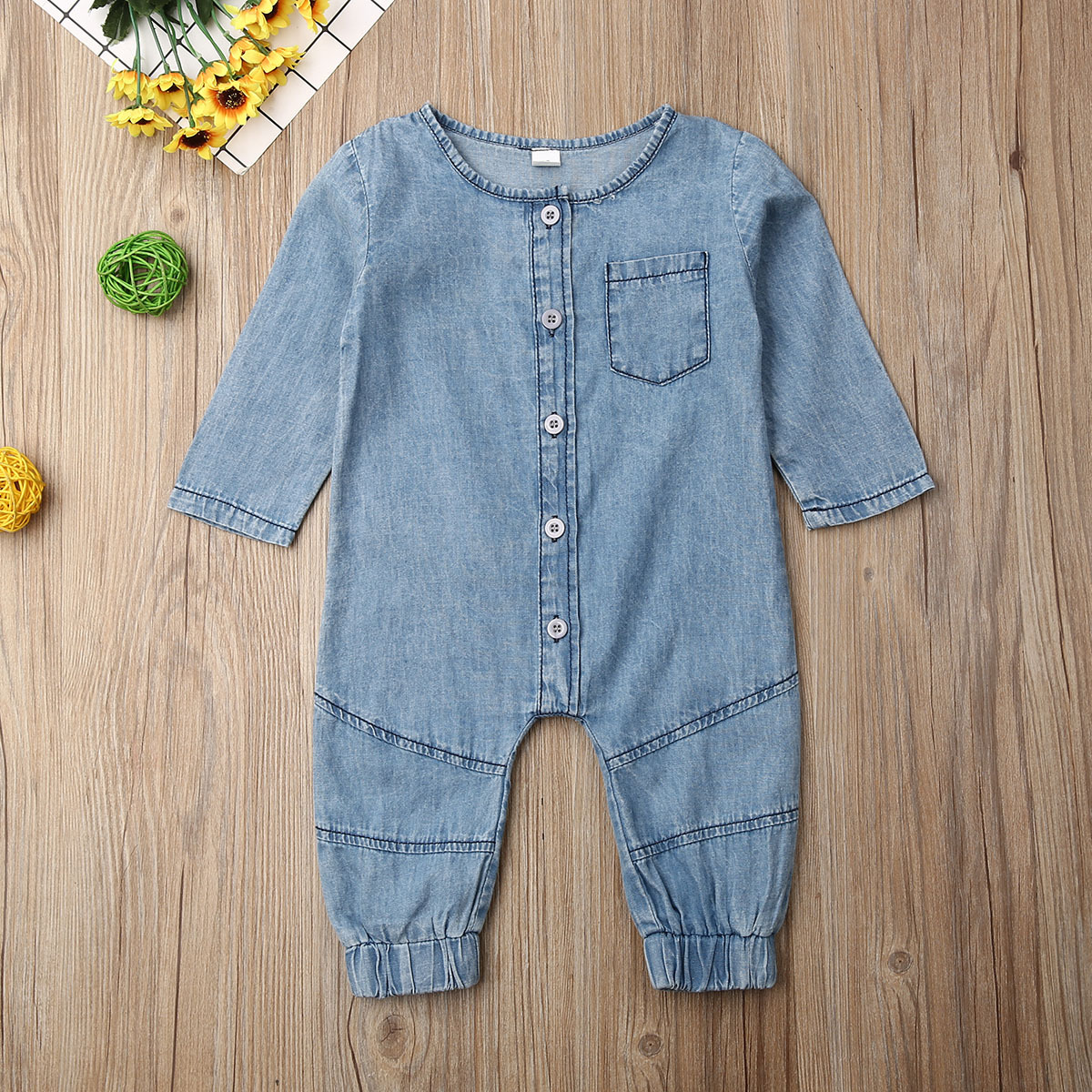 Title 3, Denim effen kleur jumpsuit met lange mouwen, ro...