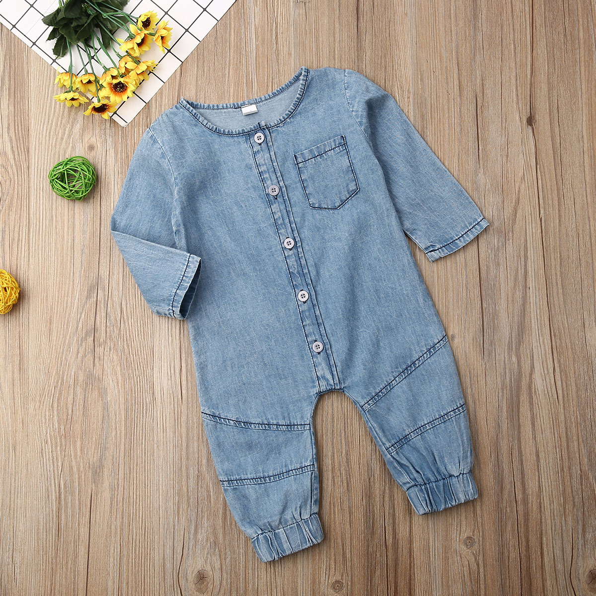 Title 5, Denim effen kleur jumpsuit met lange mouwen, ro...