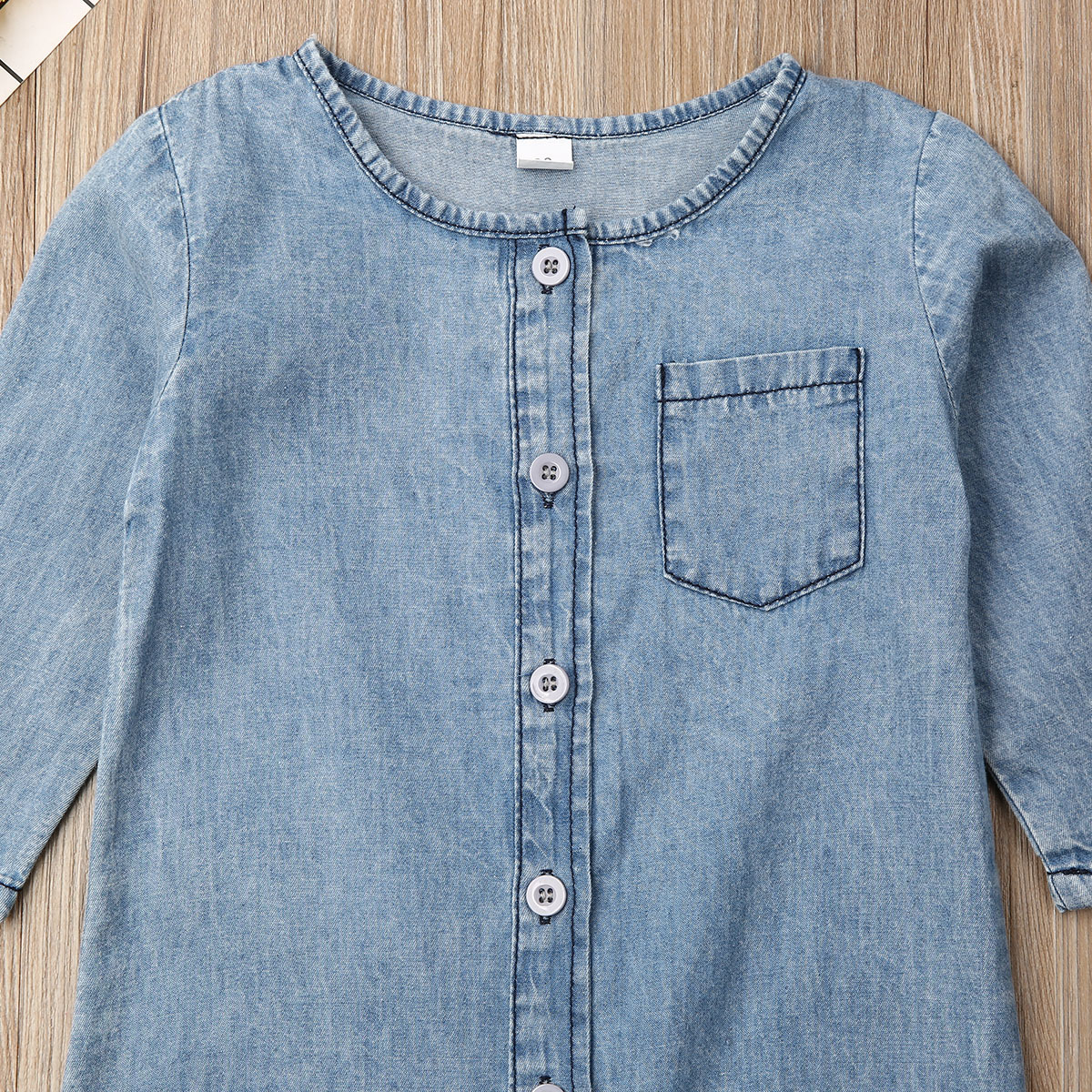 Title 6, Denim Solid Color Stitching Long-sleeved Round ...