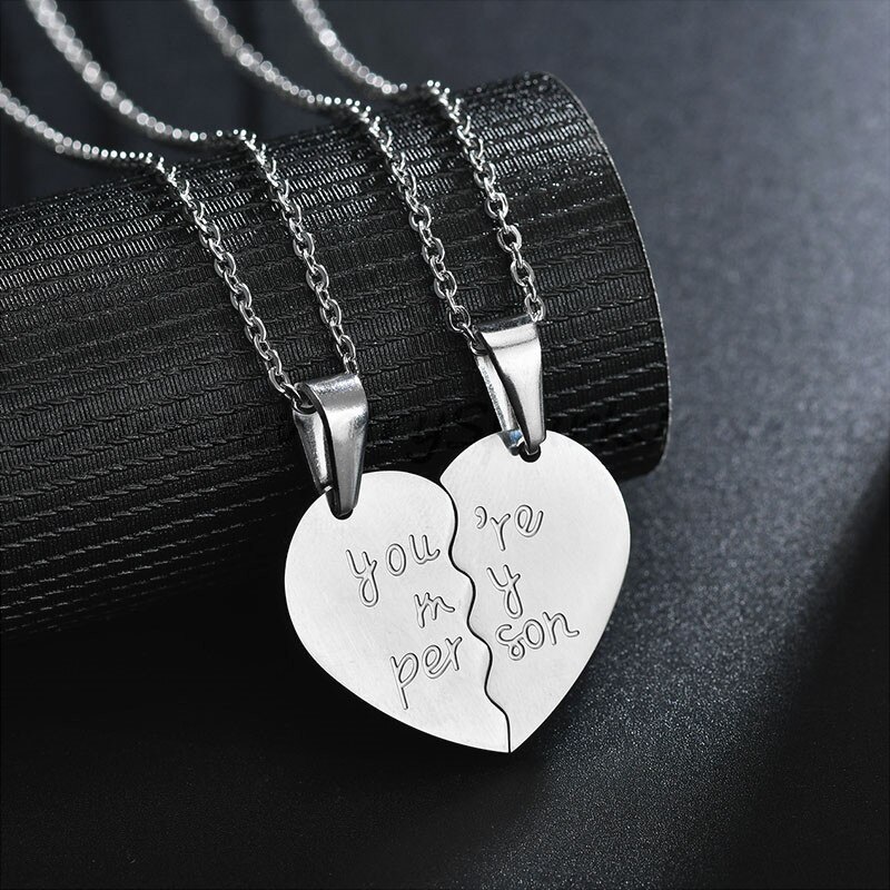 Title 5, Love Double Half Heart Stainless Steel Couple N...