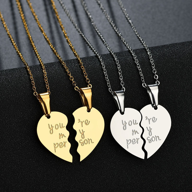 Title 8, Love Double Half Heart Stainless Steel Couple N...