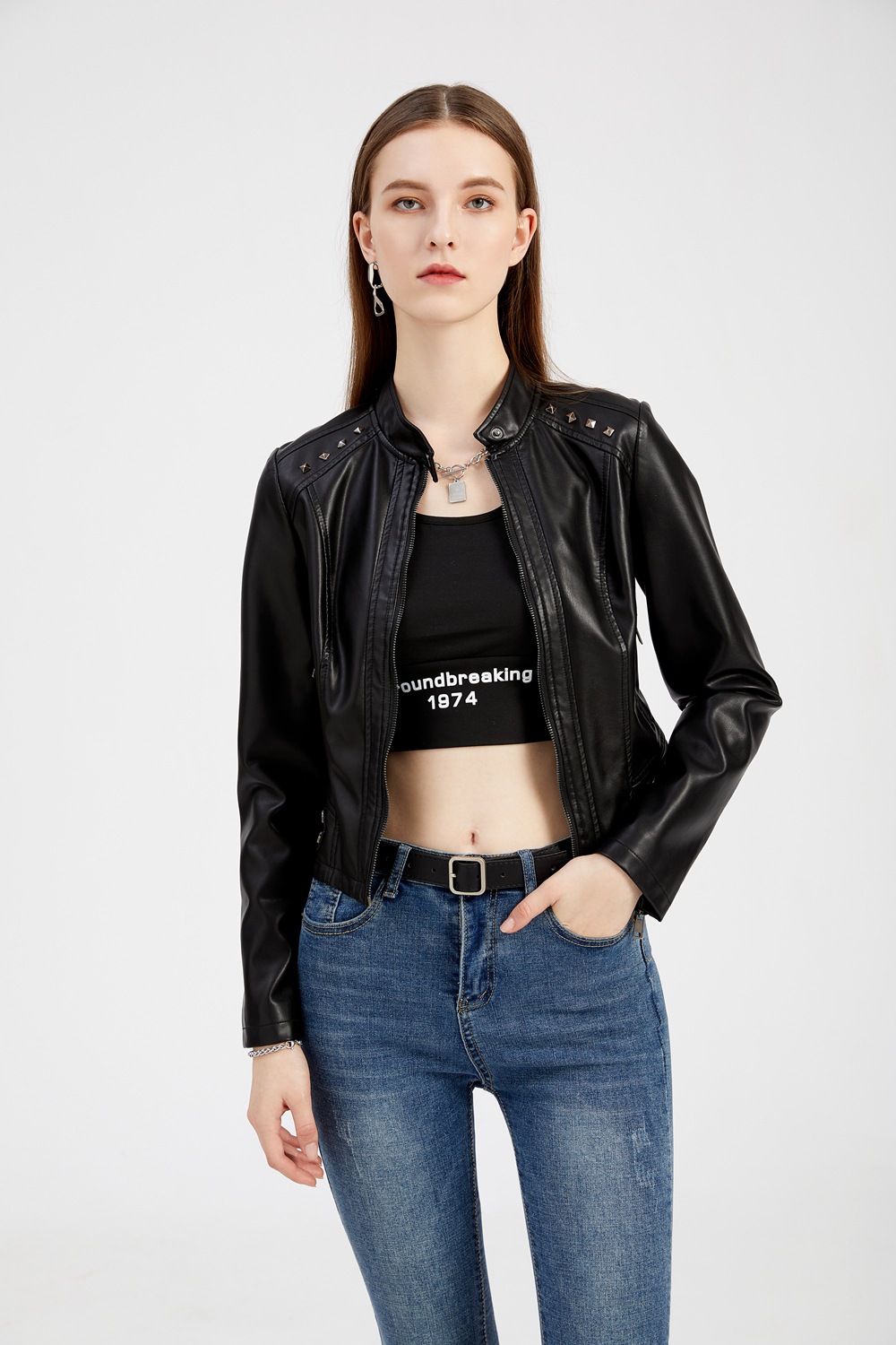 Title 17, Studded Leather Womens Short Jacket Long Sleev...