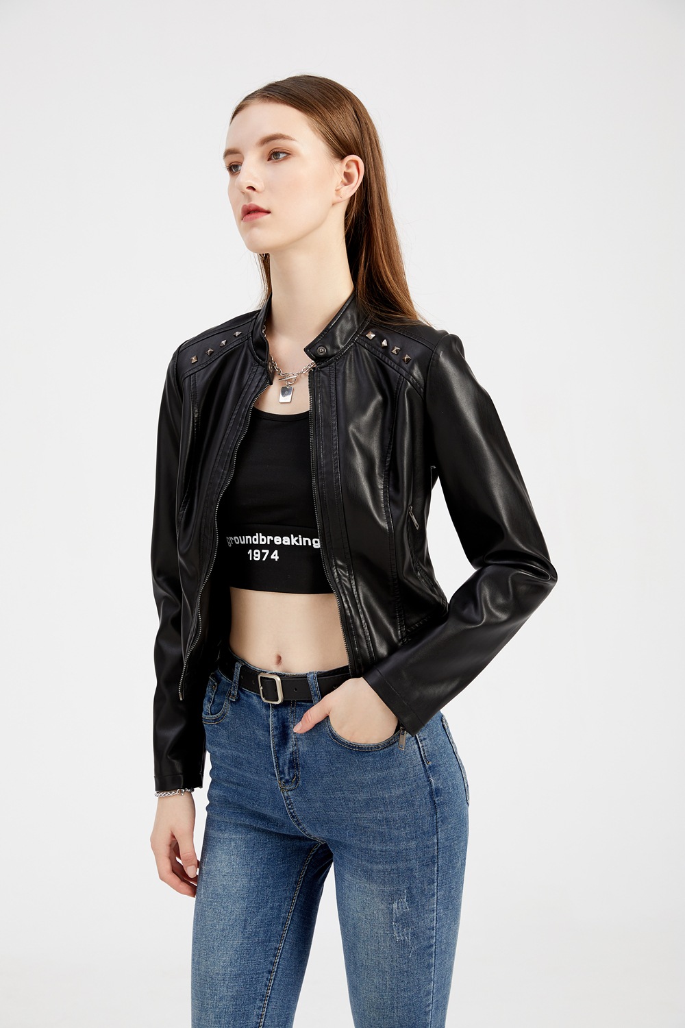 Title 18, Studded Leather Womens Short Jacket Long Sleev...