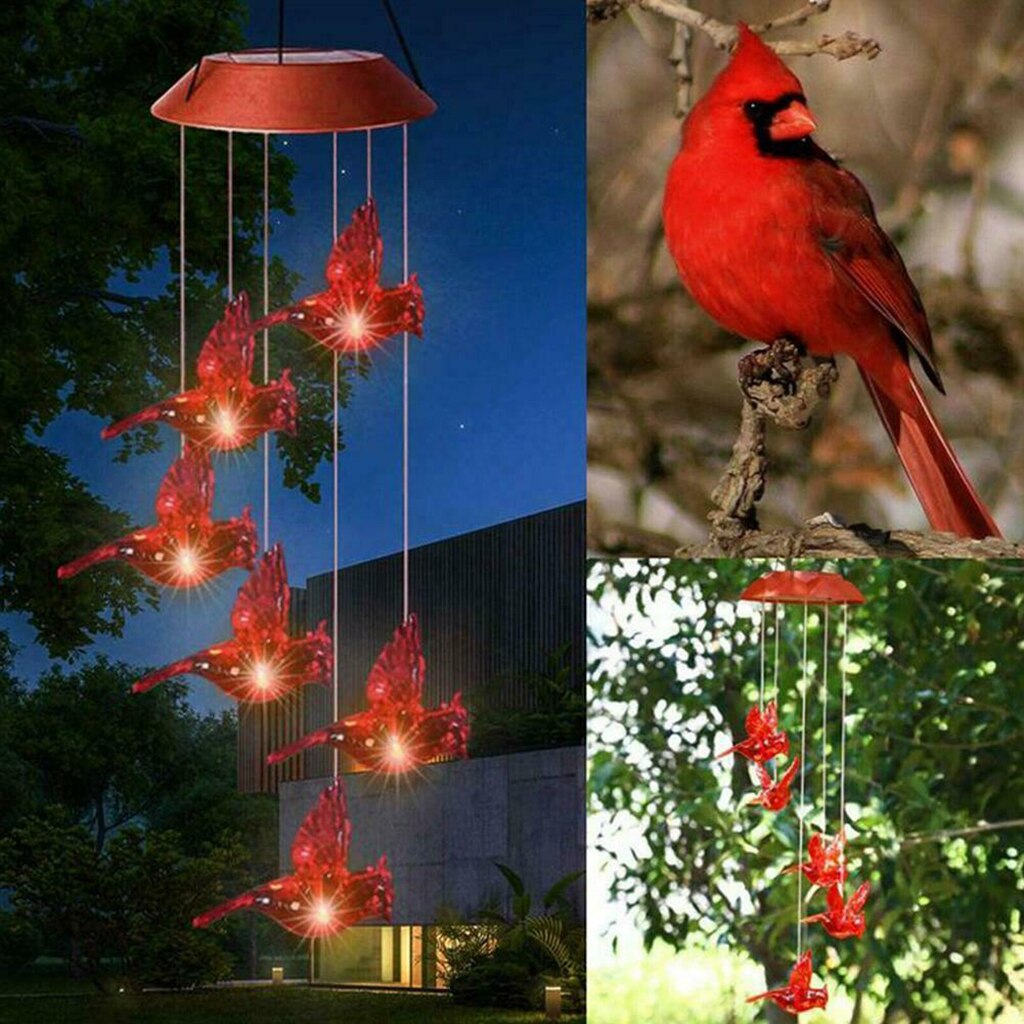 Solar Powered LED Red Cardinal Bird Wind Chime Light Garden Patio Decor