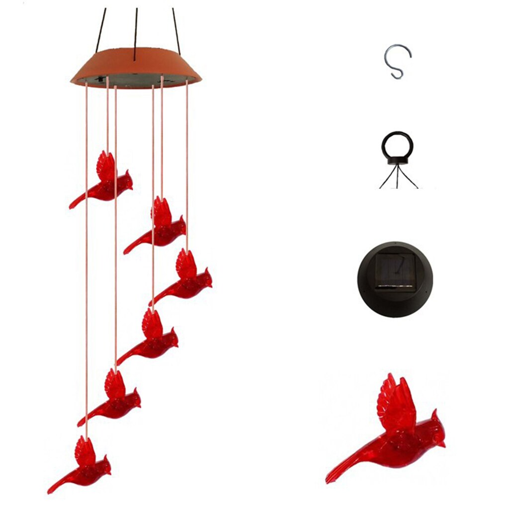 Solar Powered LED Red Cardinal Bird Wind Chime Light Garden Patio Decor