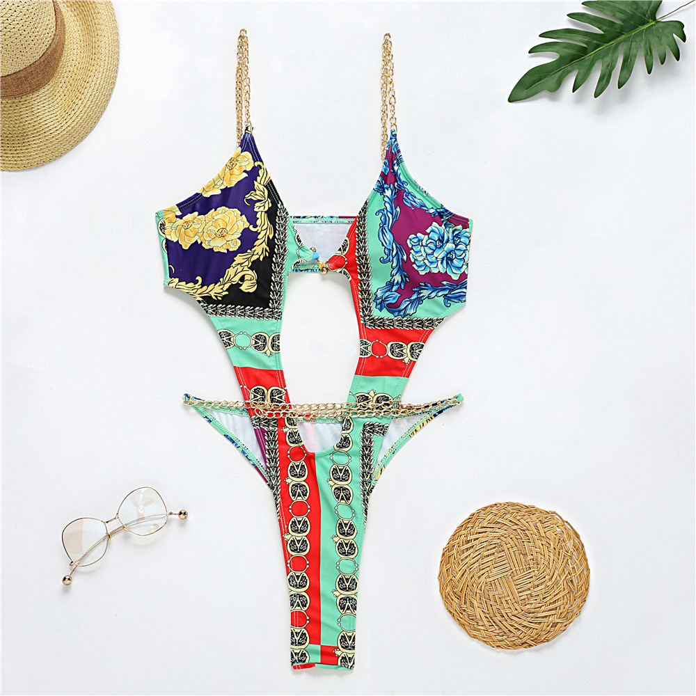 Title 12, New Printed One-piece Bikini Metal Chain Swimsu...