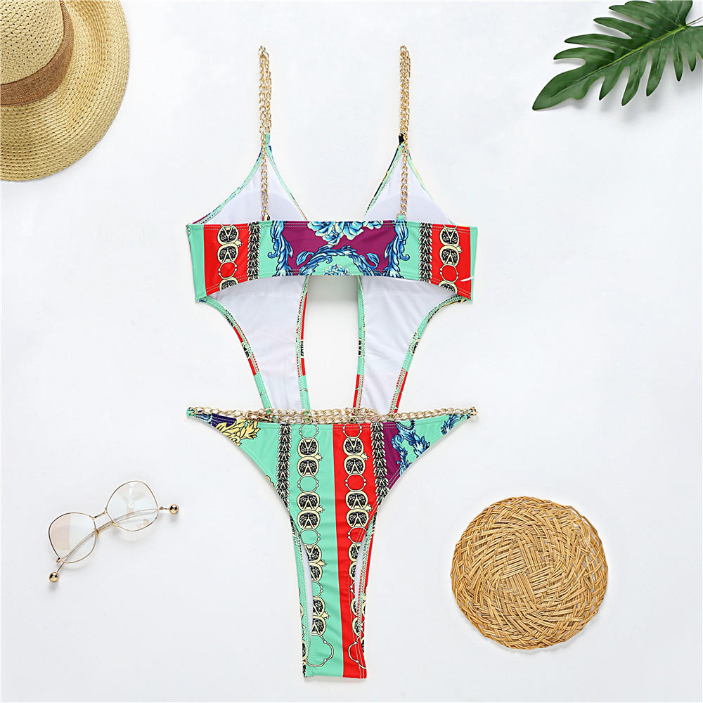 Title 13, New Printed One-piece Bikini Metal Chain Swimsu...