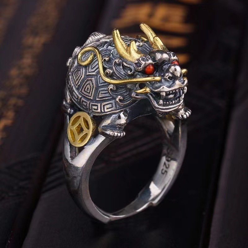 Title 4, Mens Vintage Open Sculpture Dragon Turtle Ring...