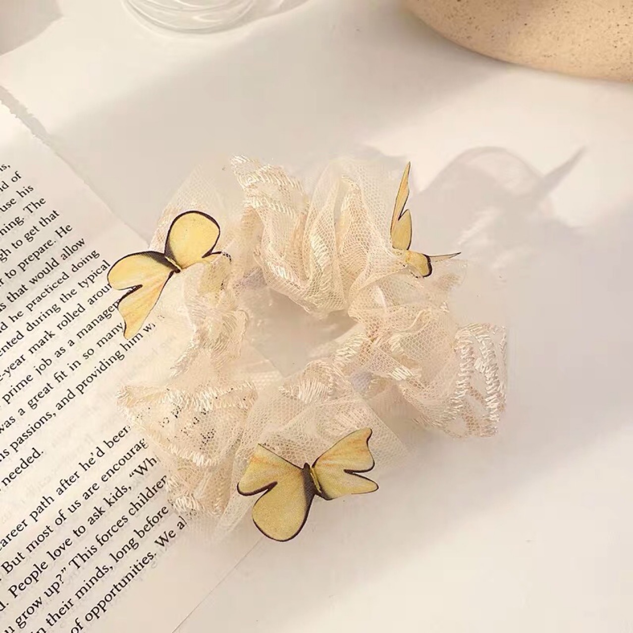Women's Mesh Pig Intestine Ring Butterfly Hair Accessories Beige - Shop at LoveMi