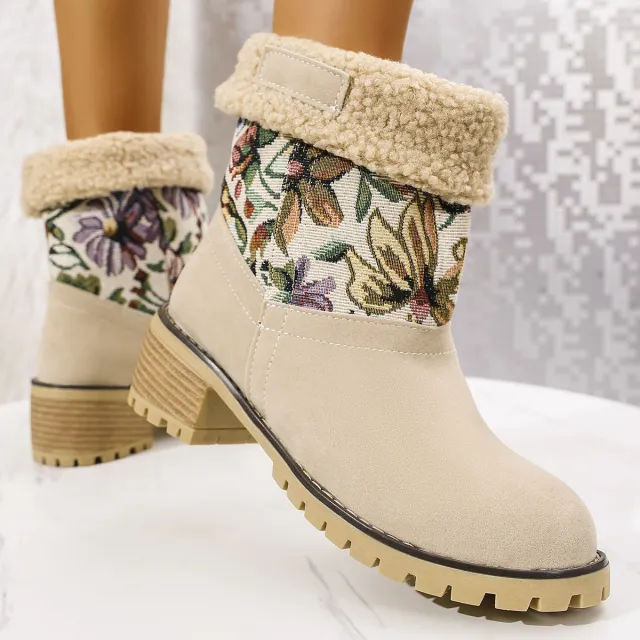 Flowers Embroidered Snow Boots Ethnic Style Platform Thick Square Heel Mid tube Boot Winter Warm Cotton Shoes For Women White - Shop at LoveMi
