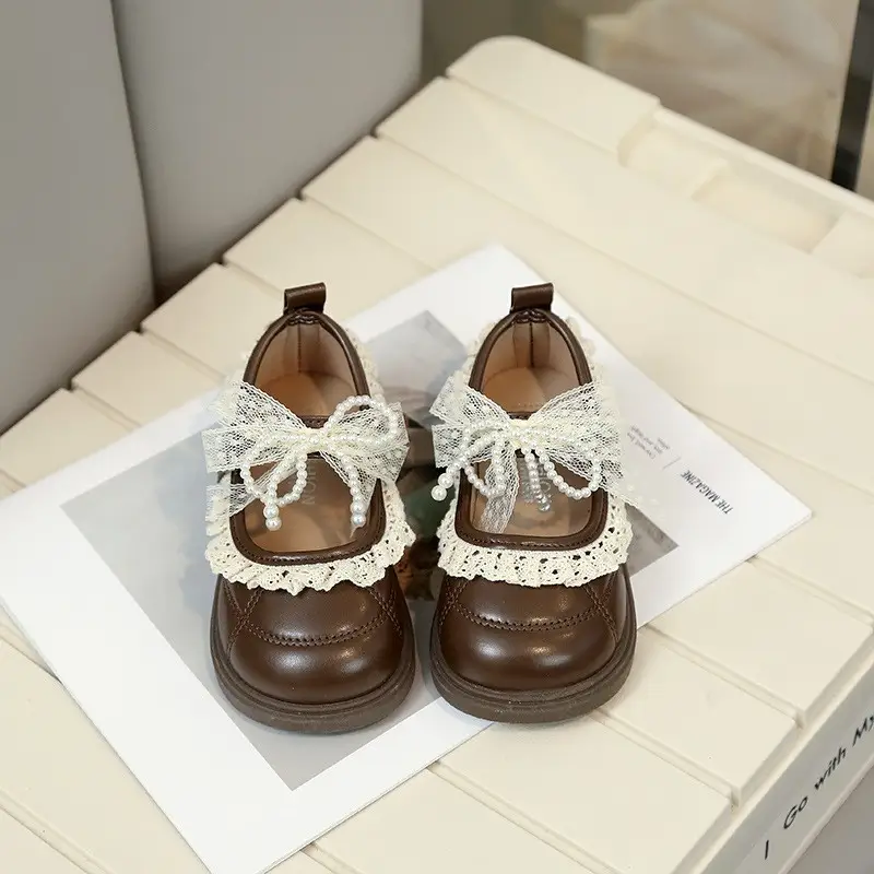 2026 Spring New Arrival Girls' Fashion Lace Trim Flat Shoes, Korean Style Bow Princess Shoes, Kids Fashion Leather Shoes