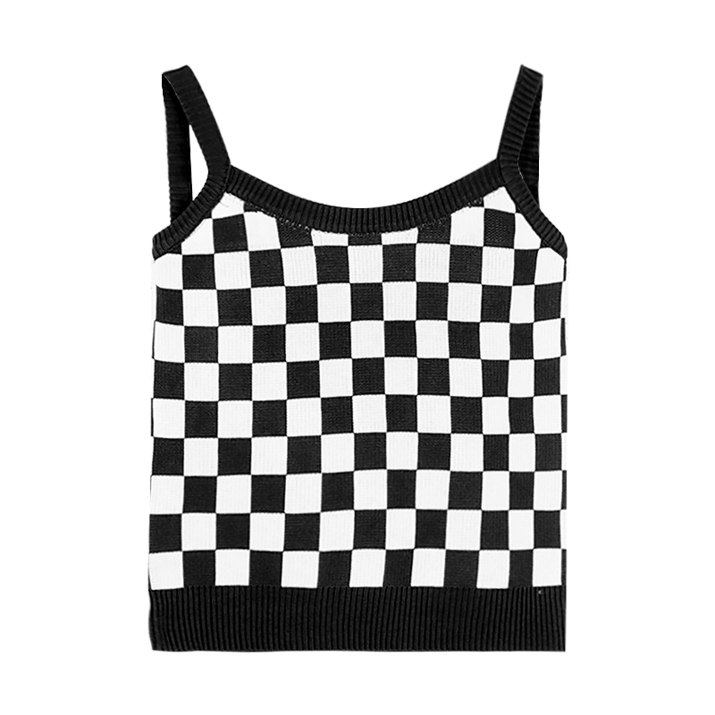 Women's Vintage Knitted Sweater Suit Checkerboard Camisole Two Piece Set