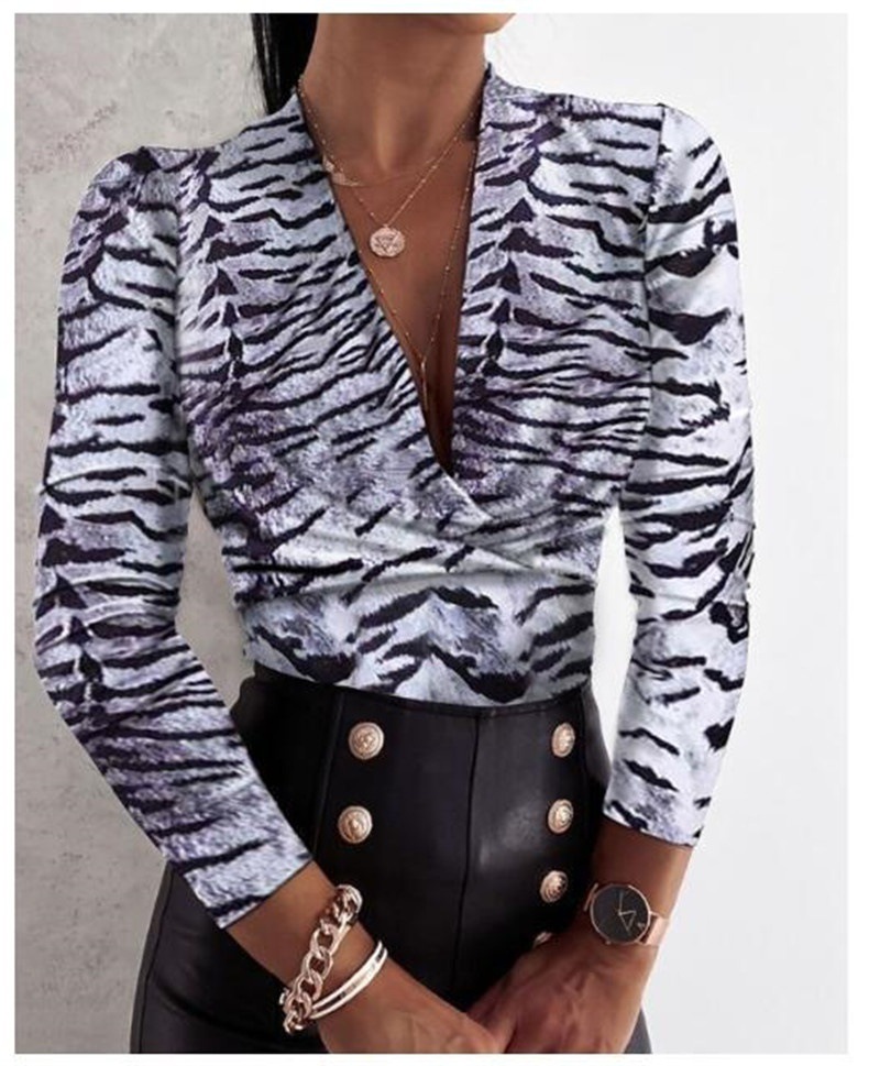 Title 6, Sexy Long Sleeve V-neck Leopard Print Ladies Bl...