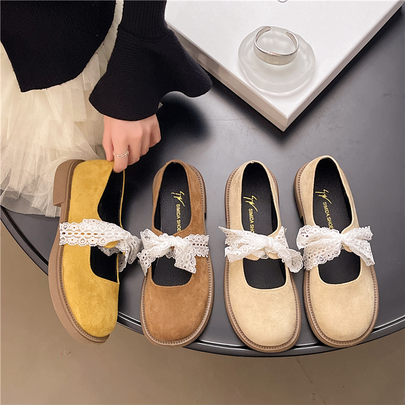 Women Cottagecore White Lace Big Bow Mary Jane Flats, Round Toe Matte Soft Suede Low Block Heel Slip On Minimalist Retro Gentle Casual Daily Picnic Doll Loafer Shoes Mustard